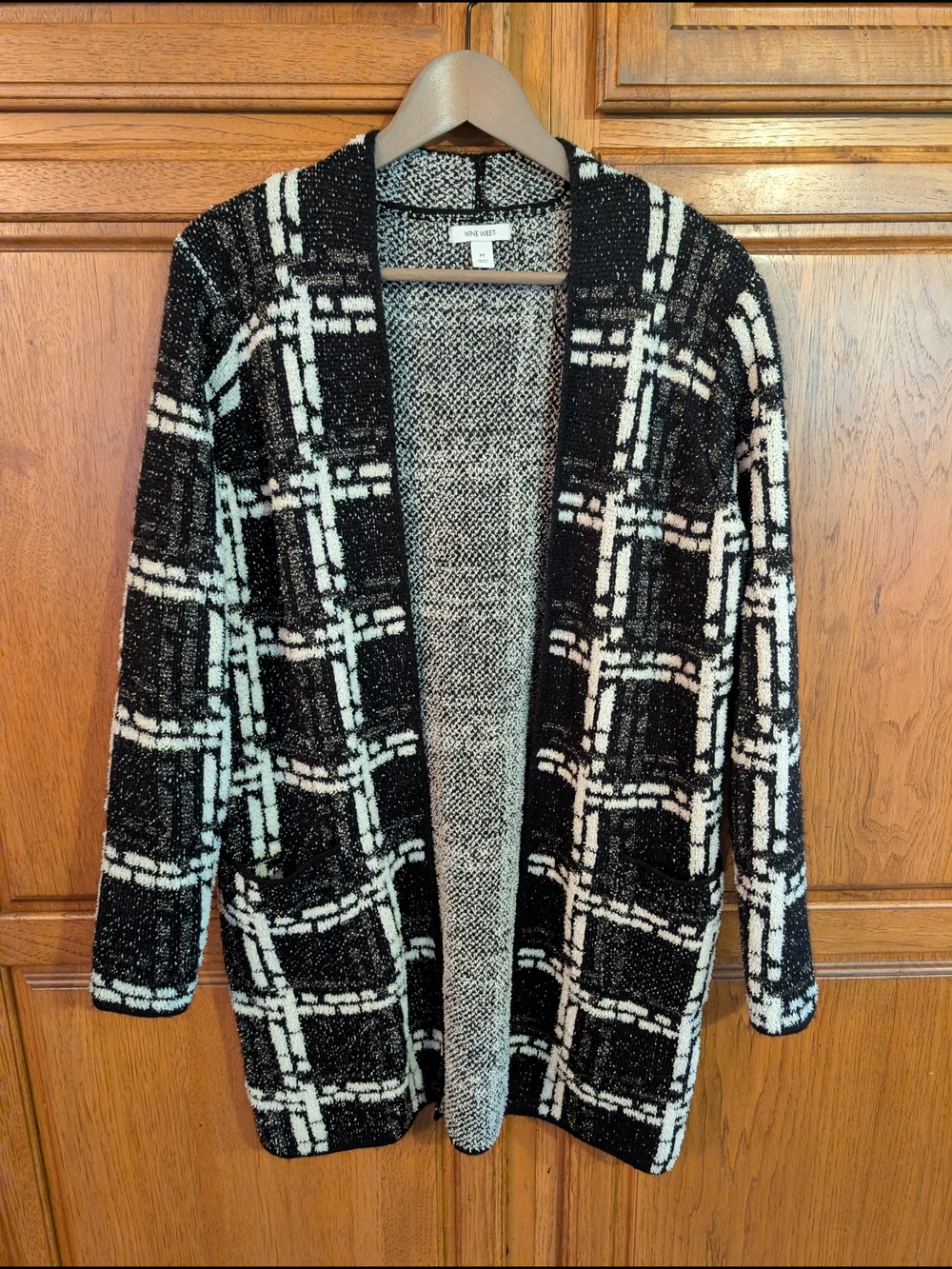 Nine West Black and White Plaid Open-Front Cardigan
